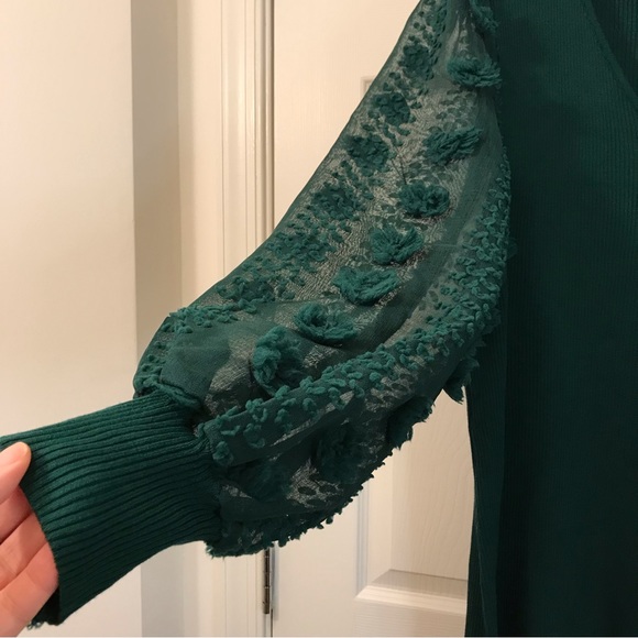 Hunter Green Sweater Dress 4X, Long Sleeve Swiss Dot Sheer Sleeve, Stretch Knit - Picture 3 of 14